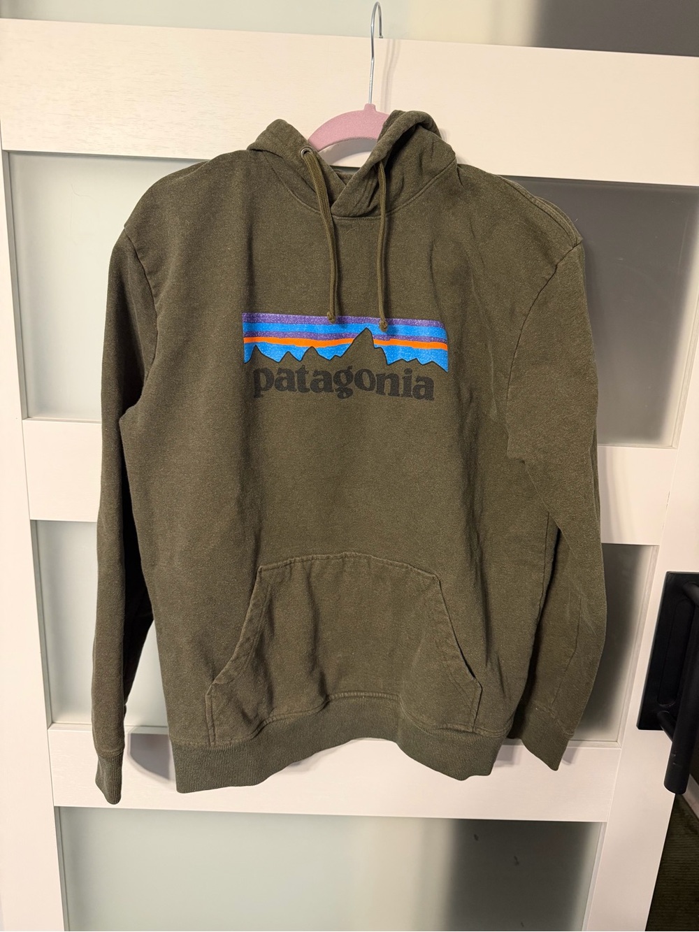 Patagonia Olive Green Pullover Hoodie with Blue Purple Orange Logo